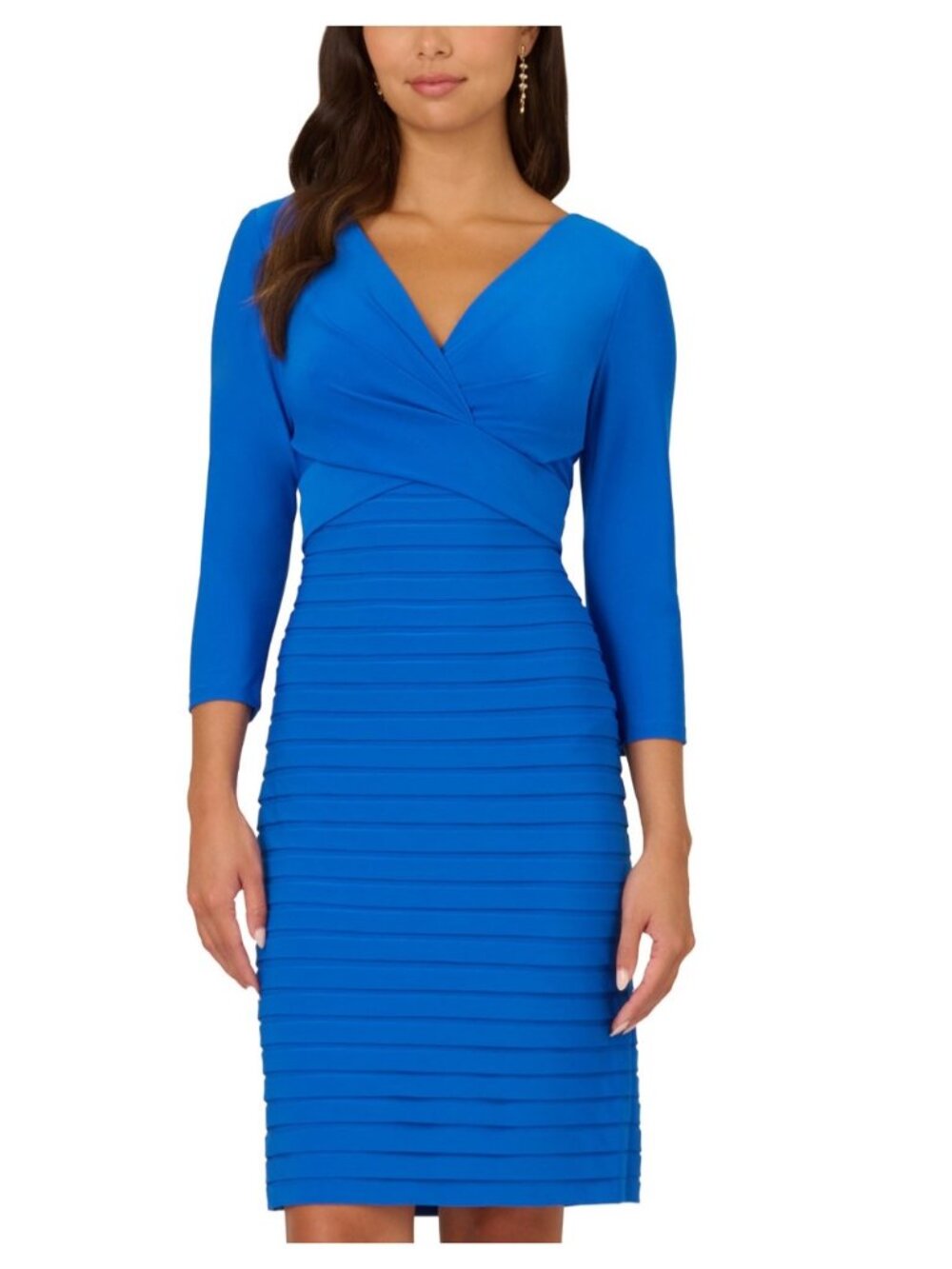 Adrianna Papell Cool Cobalt Banded Short Dress With Surplice Neckline & 3/4 Slee